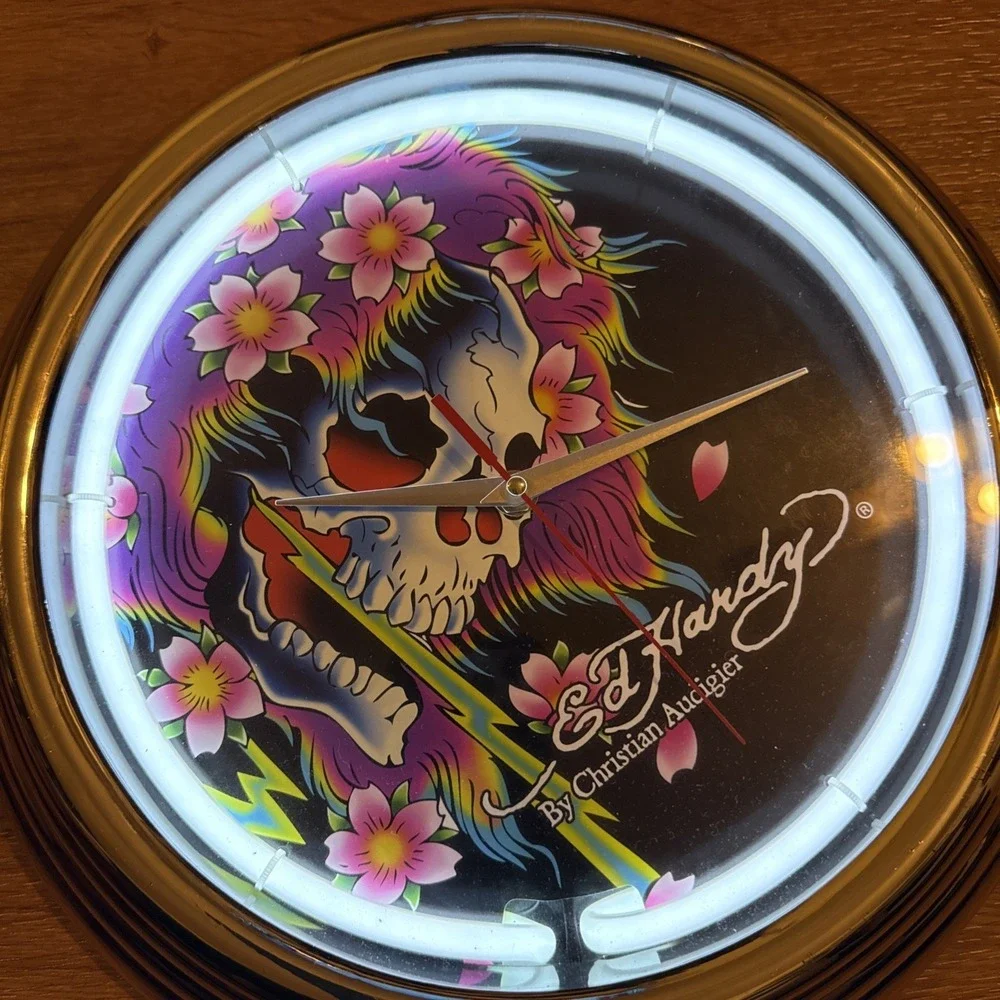 Ed Hardy Neon Wall Clock Skull Flowers Christian Audigier Y2K Tattoo Chrome 14.5